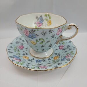 Foley China Teacup Saucer V2336 Blue Floral Gold Trim English Bone China Set